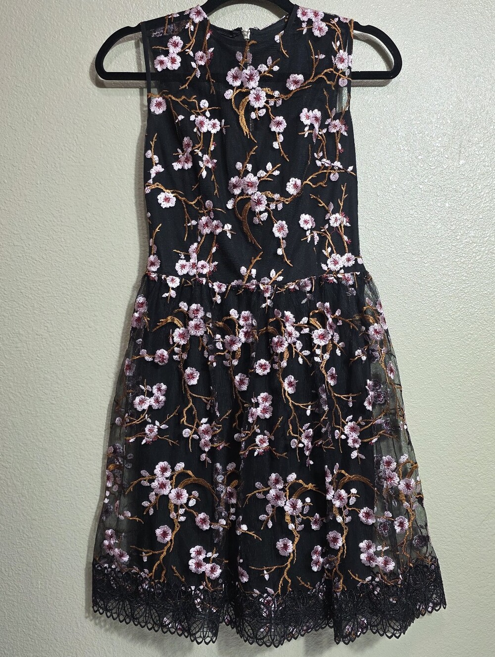 Bronx & Banco Black Floral Embroidered Cherry Blossom Sleeveless Dress Size S